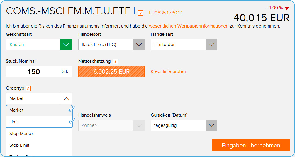 Onlinebroker Flatex ETF Ordertyp Auswahl