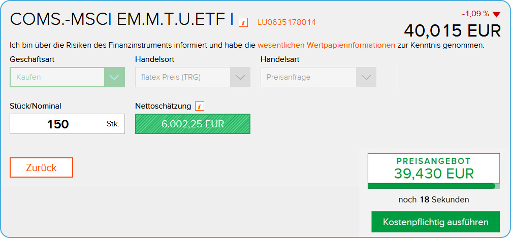 Broker Flatex ETF Ordermaske Preisanfrage