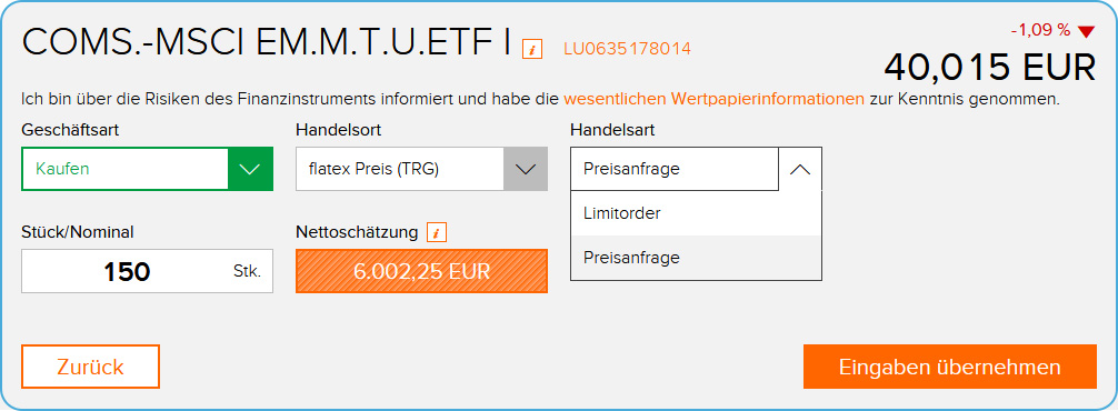 Onlinebroker Flatex ETF Ordermaske