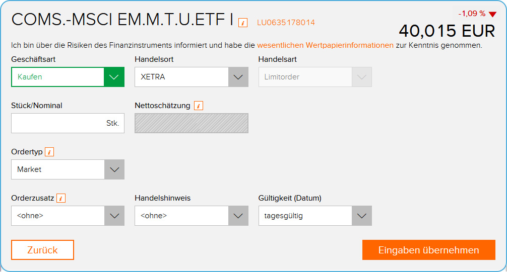 Broker Flatex ETF im börslichen Handel kaufen Ordermaske